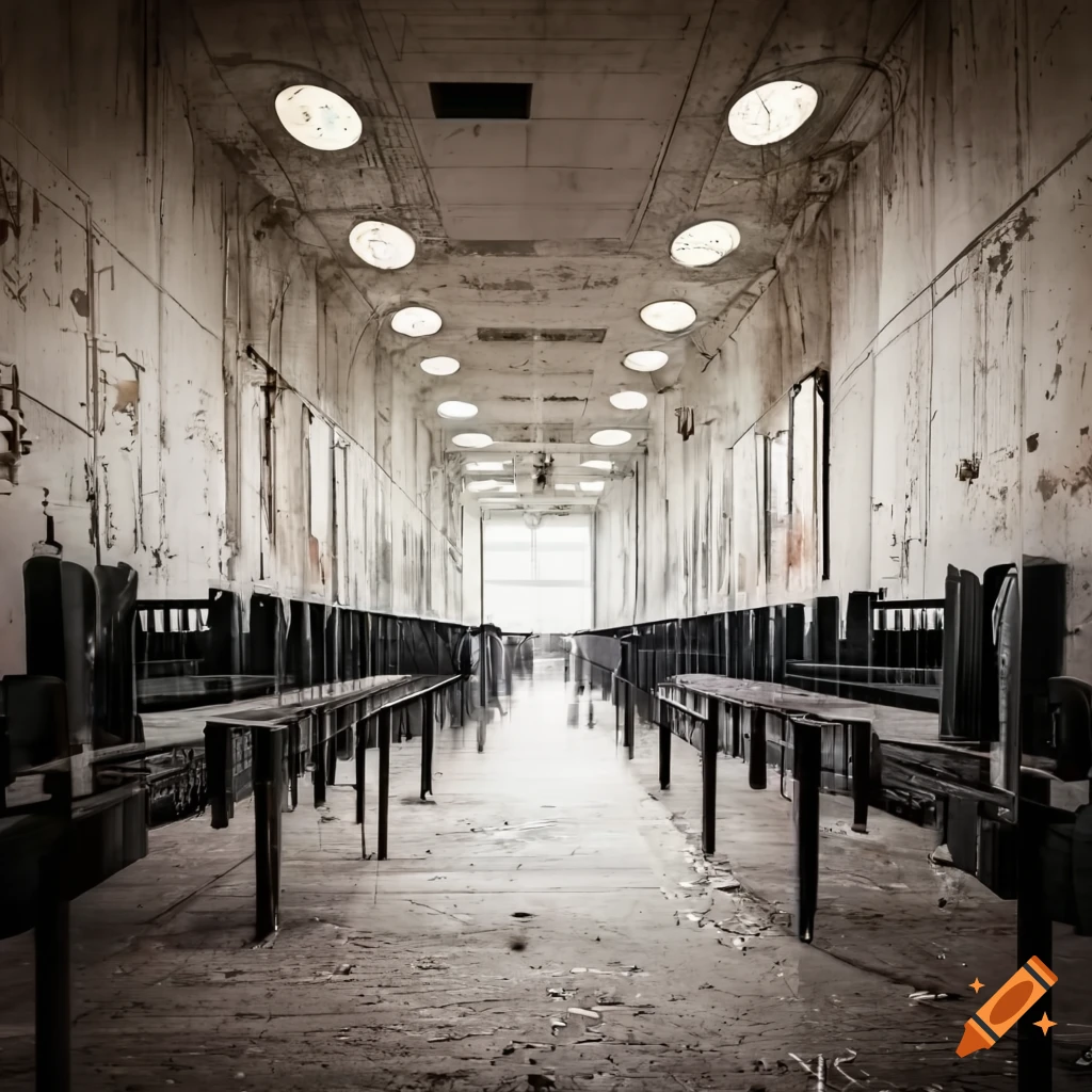 Abandoned and decayed transit hall of a Dutch airport with rows of chairs and information signs in the year 2040