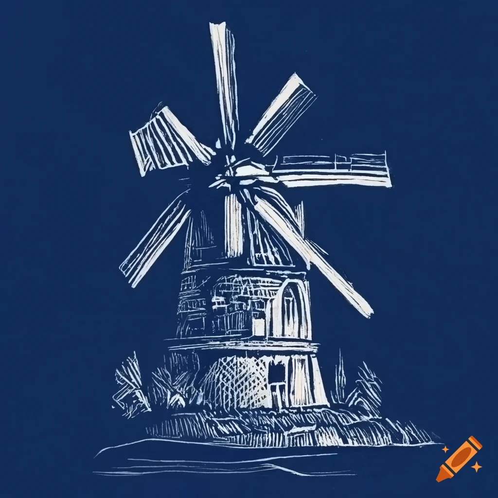 Minimalist dark blue linocut of a windmill