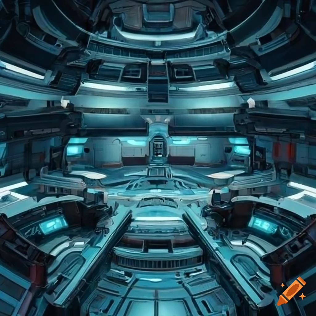 Themed medical bay with complex machinery in a sci-fi space station interior