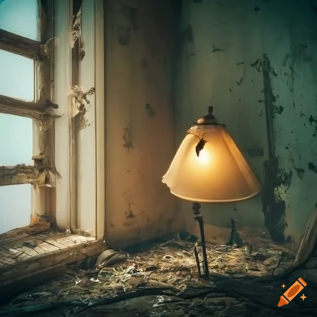 Broken lamp on windowsill of abandoned room overlooking golden ocean in