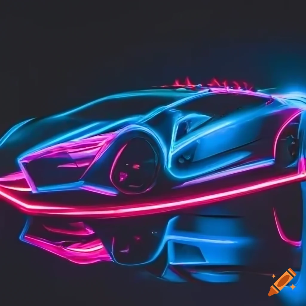Glowing expensive car with neon colors and colorful flames on the