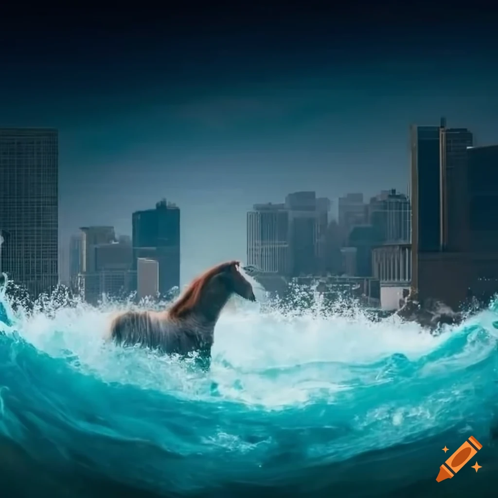 Pony in a whirlpool with city skyline in grey