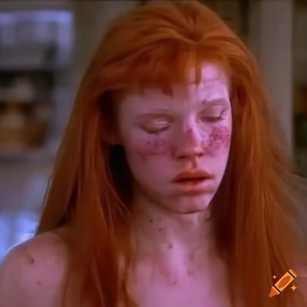 Freckled ginger woman fighter in combat outfit in a 90s movie