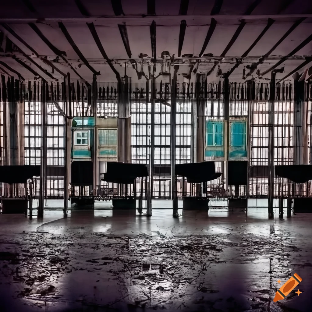 Abandoned and decayed transit hall of a Dutch airport with rows of chairs and information signs