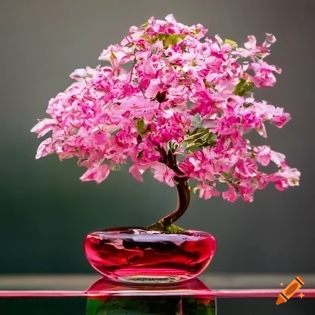Abstract glass vase with pink bonsai on a glass table