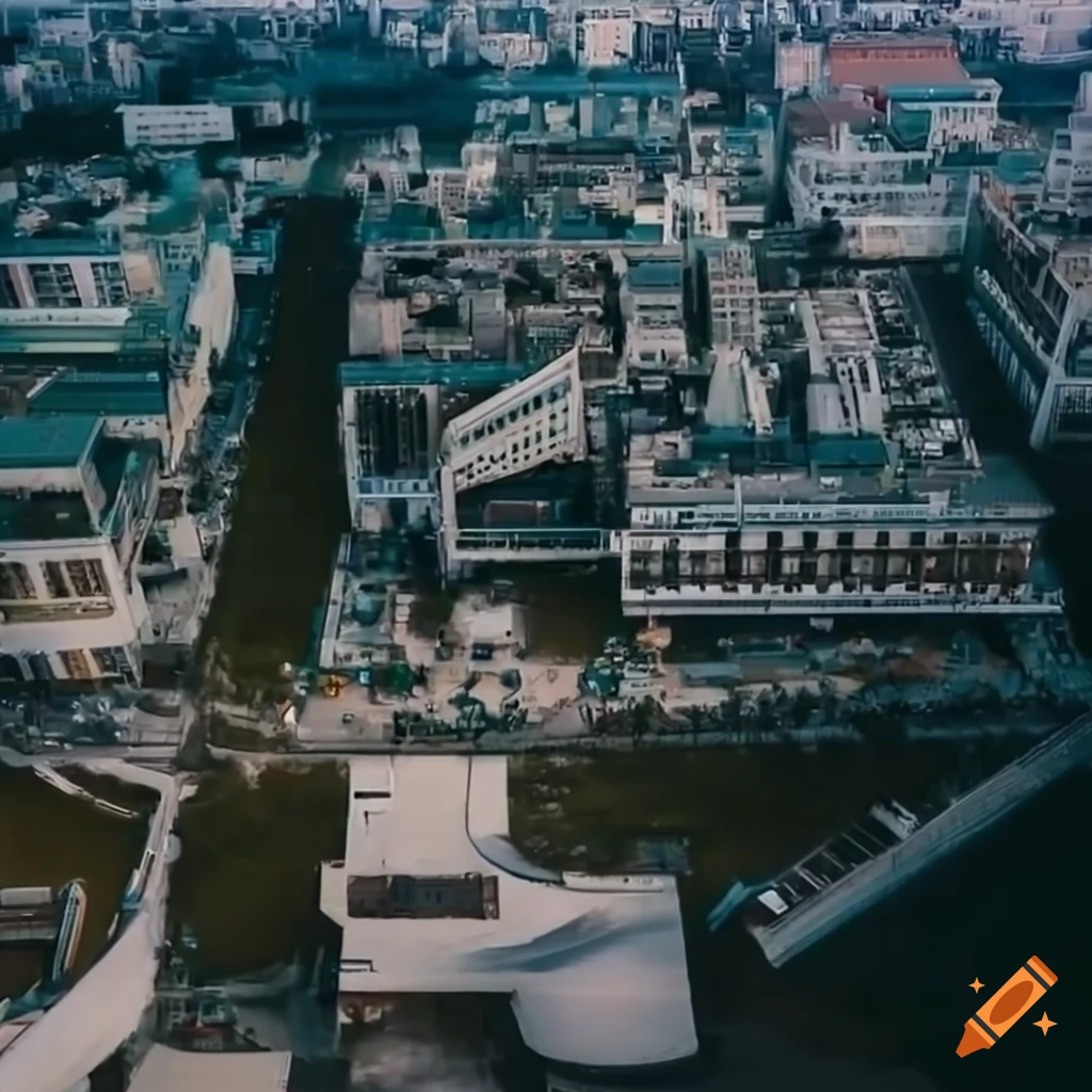 Aerial view of a city with parks, unusual buildings, and shopping malls ...