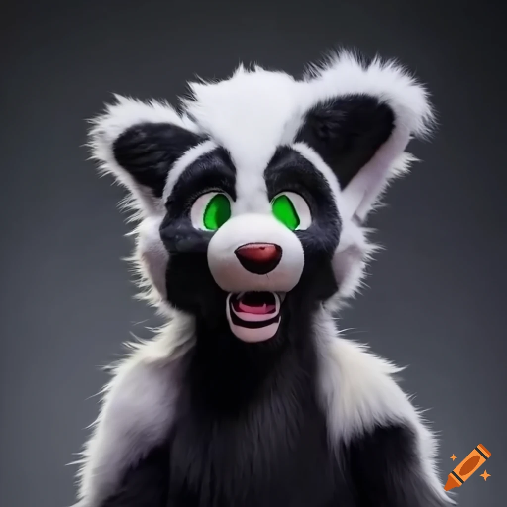 Employee wearing full body skunk mascot fursuit with white eyes on Craiyon