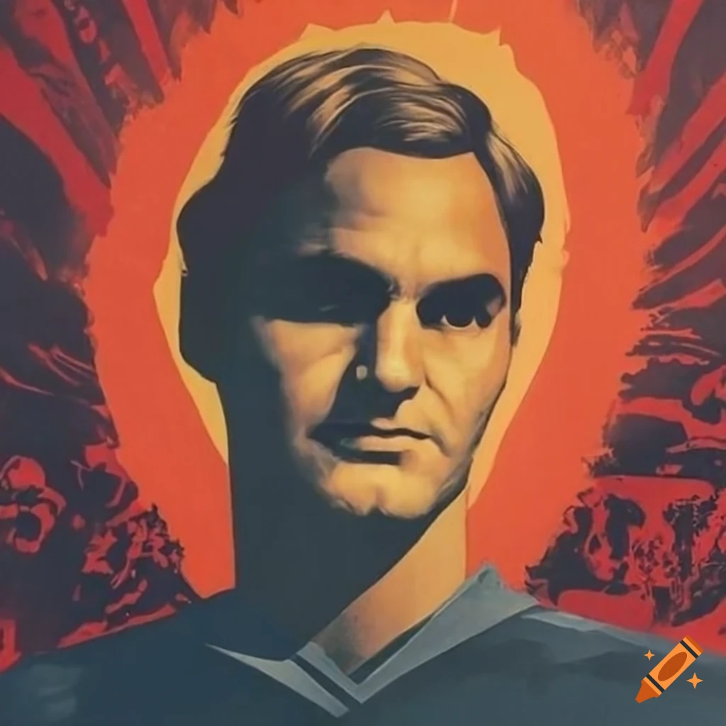 Soviet propaganda poster of Roger Federer with nuclear blast in the background