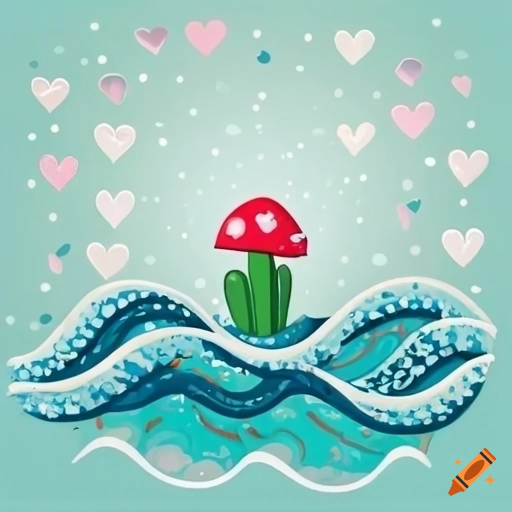 Ocean waves with seashells and white hearts, along with a mushroom and a cute cactus