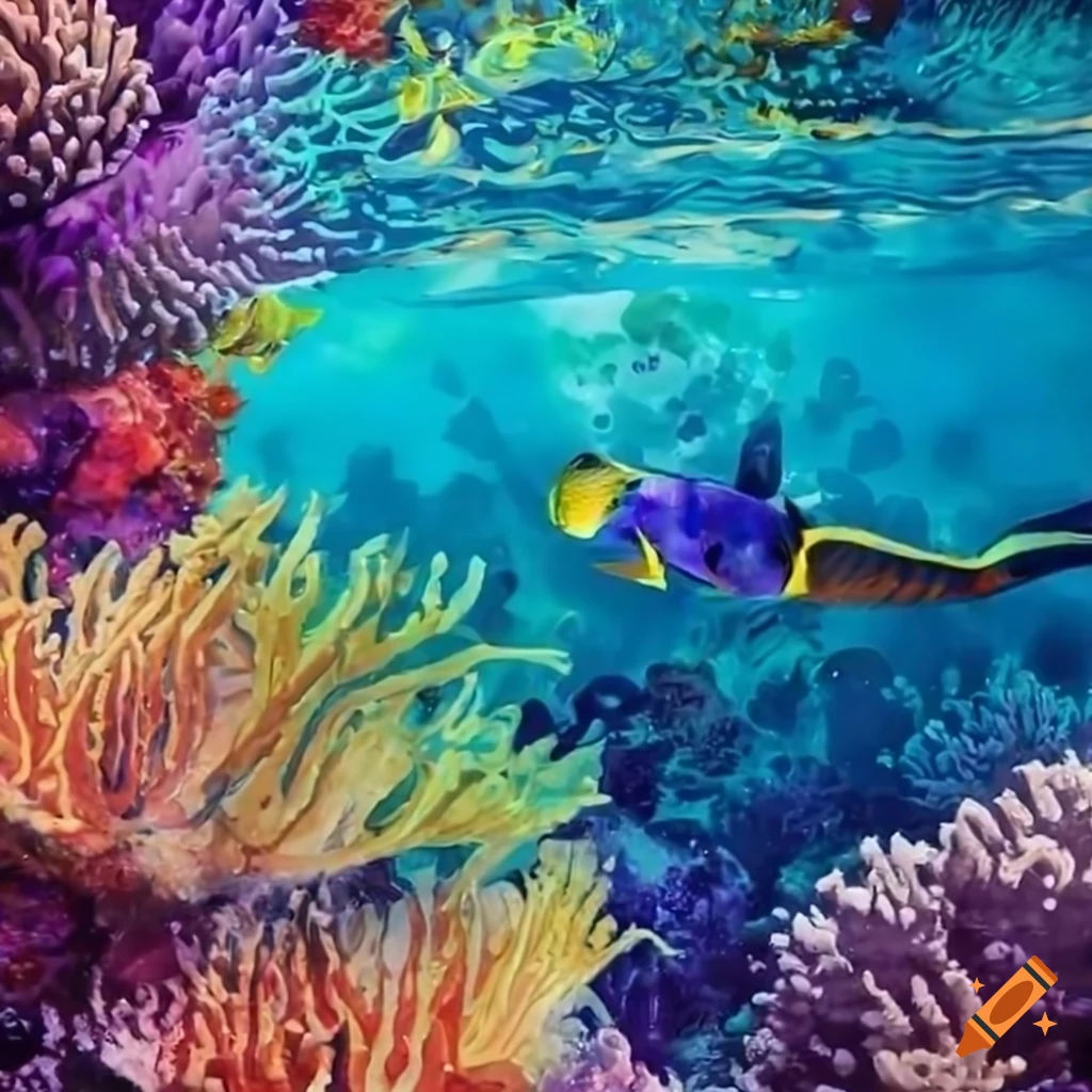 Colorful fish swimming around coral reef with diver in blue water