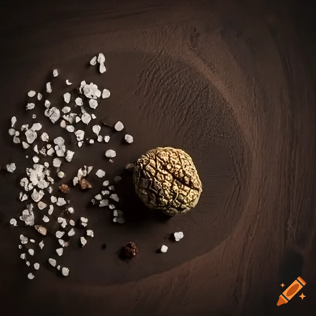 Chiaroscuro image of black pepper, salt crystals, and summer truffle