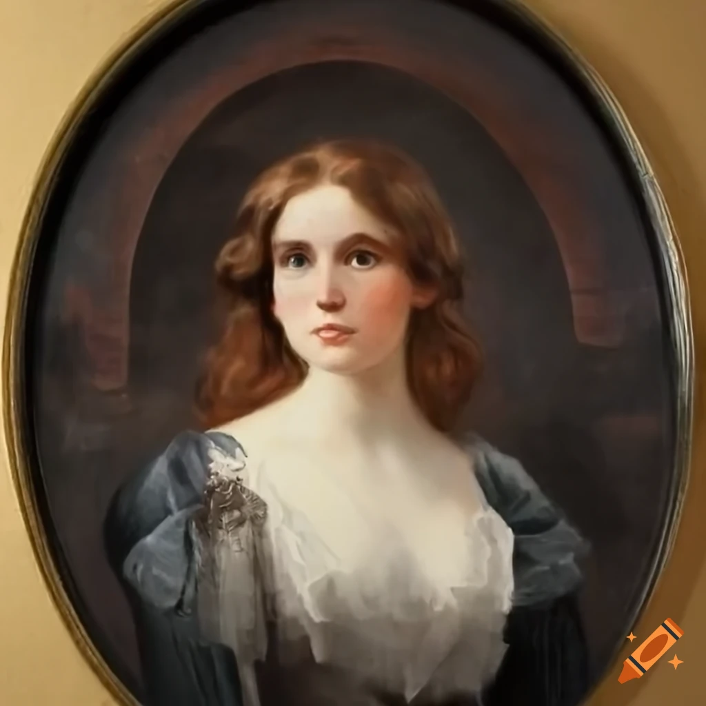 Portrait of a pretty woman with long wavy light brown hair and silver rectangle glasses in an 1880s painting style