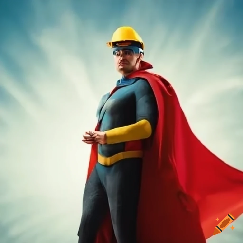 Engineer wearing superhero cape with grateful people