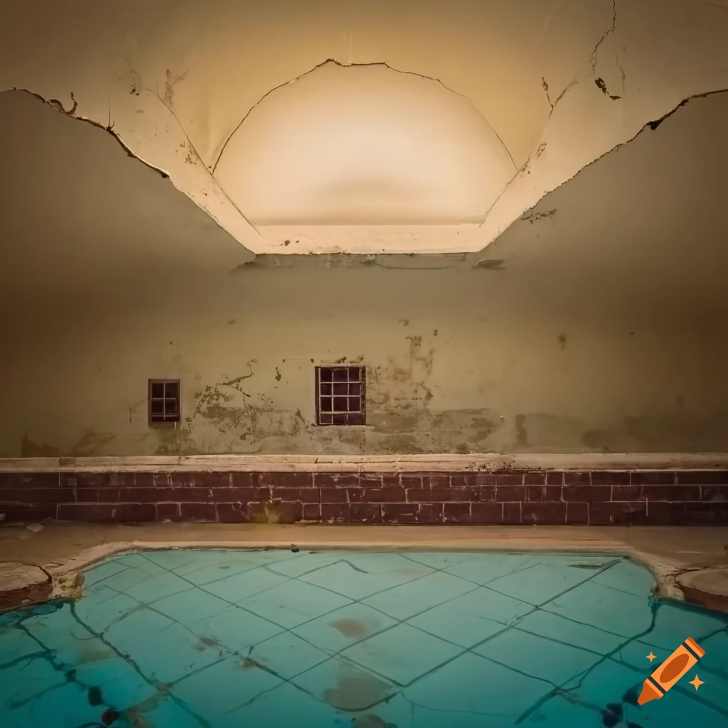 Abandoned murky swimming pool with peeling paint, industrial cables