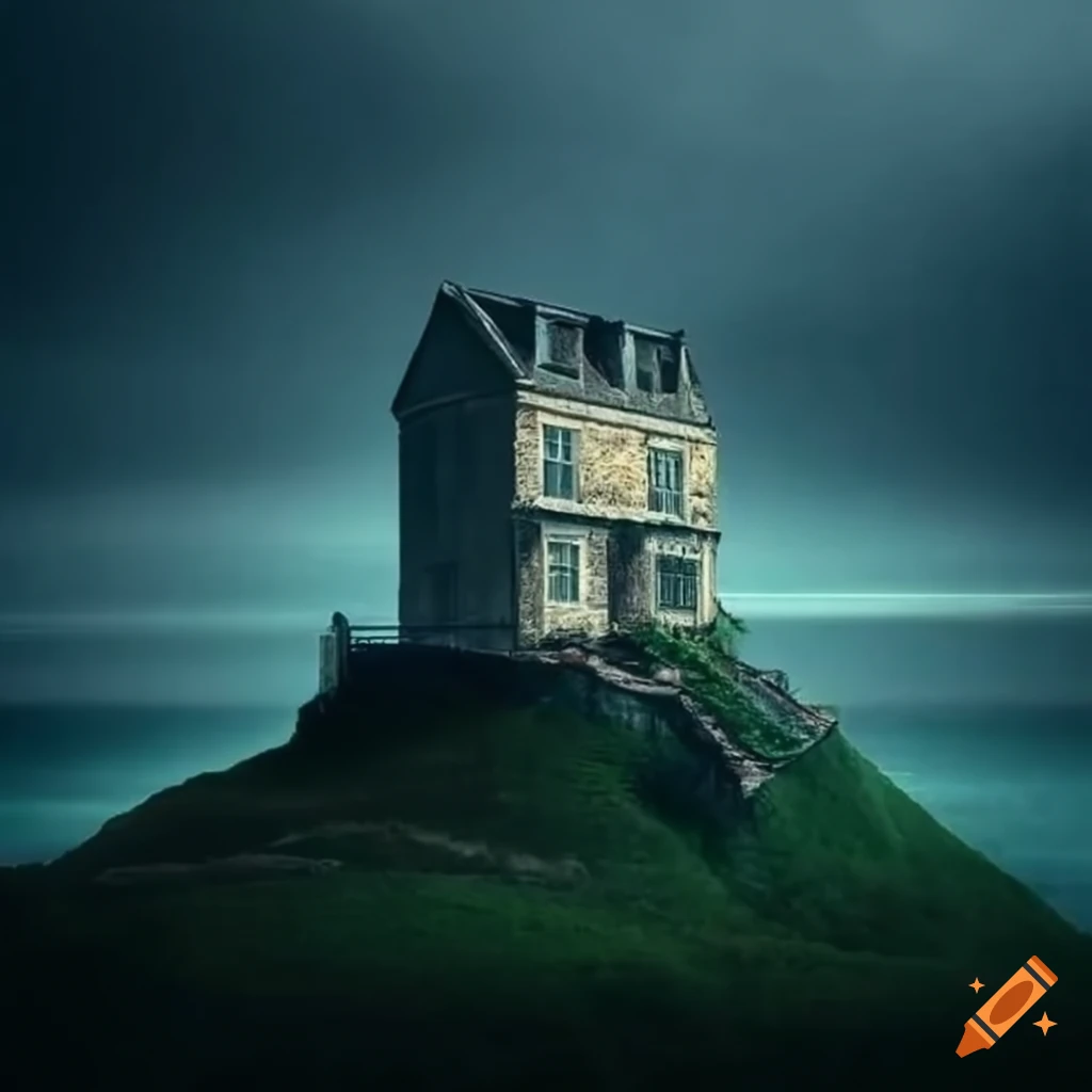 Gloomy cracked mansion on a raised hill with ocean in the backround