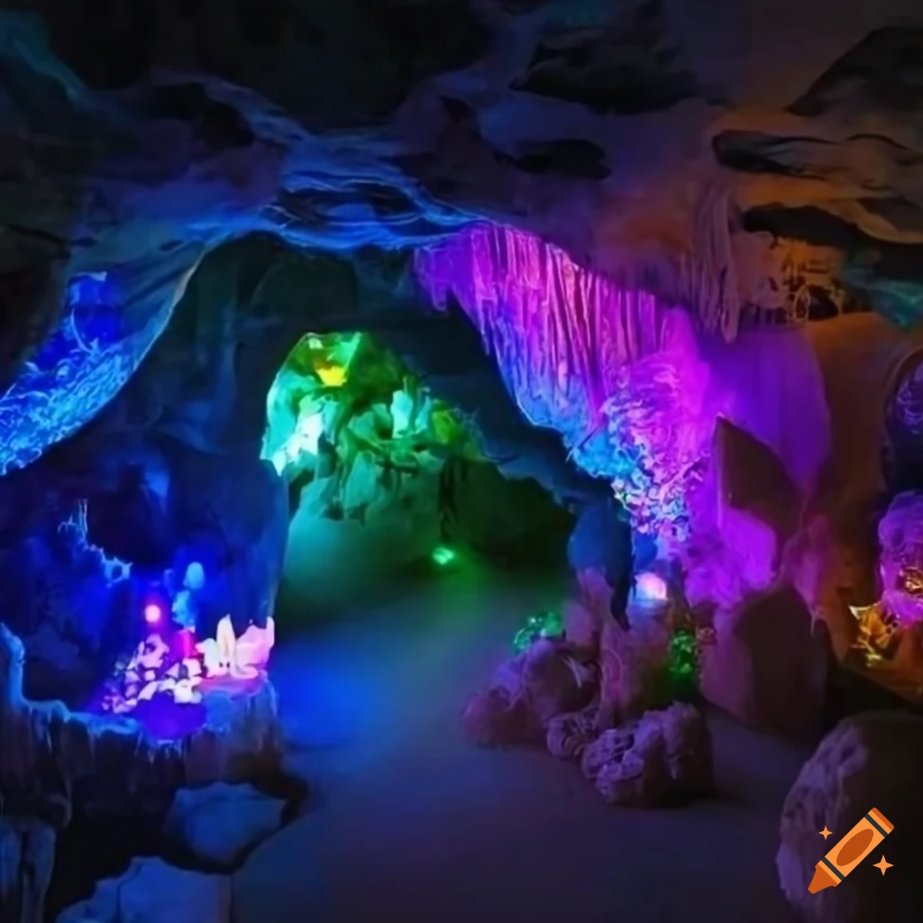 Enchanting cave with colorful crystals and glowing blue lighting