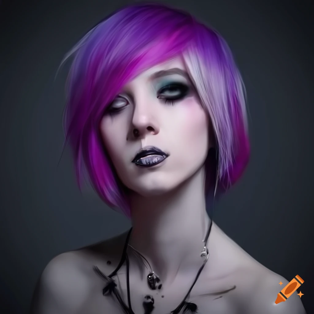 Woman with medium purple hair and pale skin on Craiyon