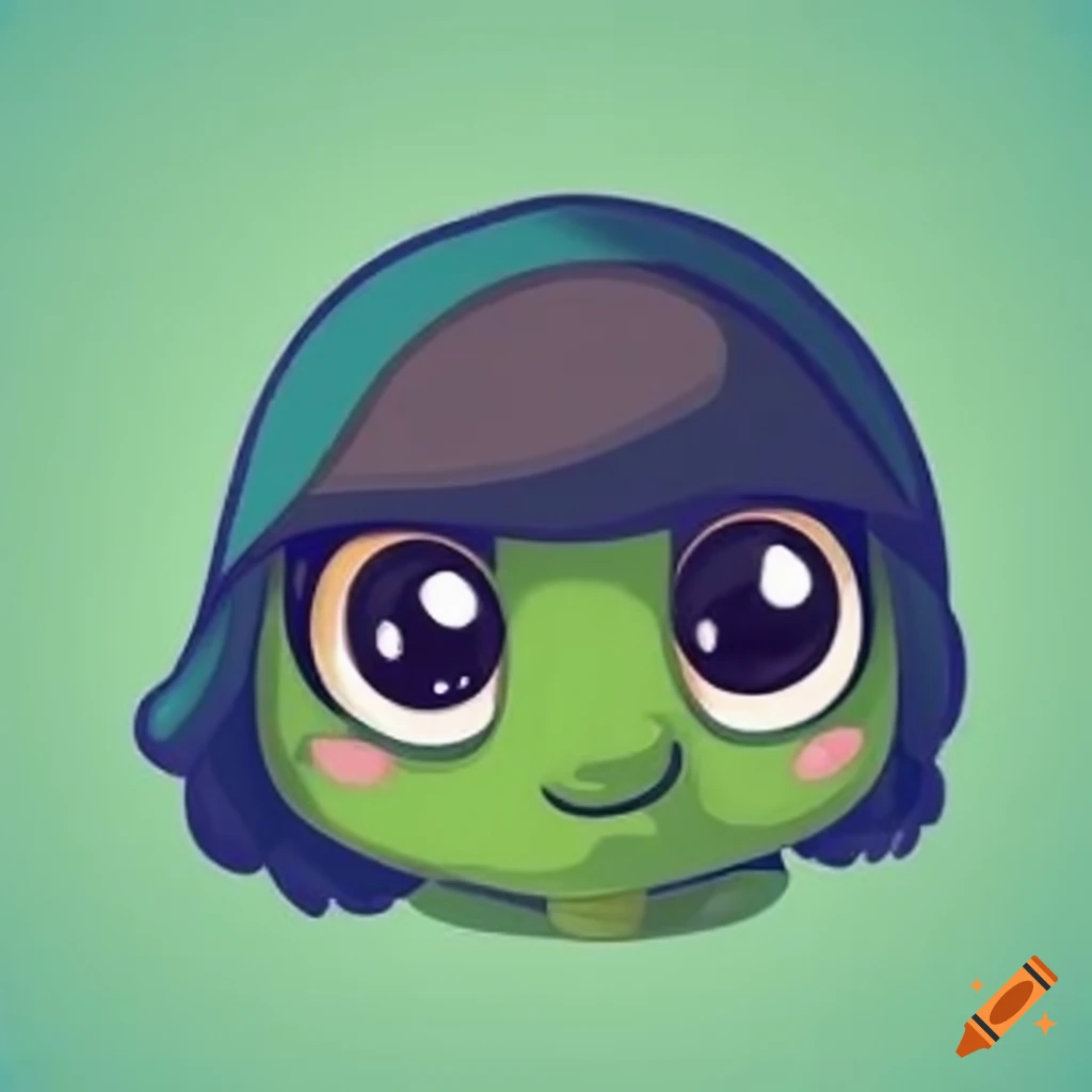 Happy cartoon-style female baby turtle with bobbing black hair in Pixar style