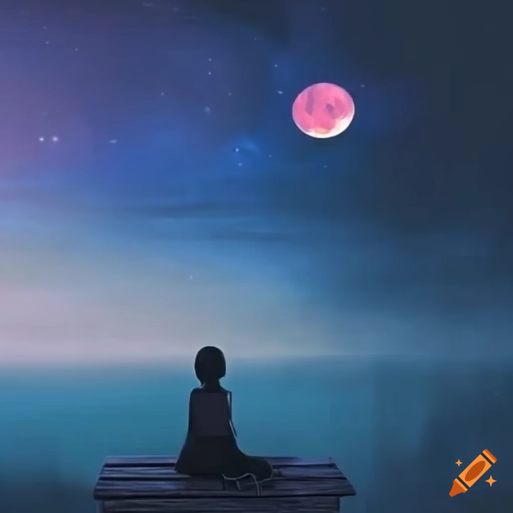 Expansive blue dream void space with a girl sitting on a bench and a pink moon on the horizon