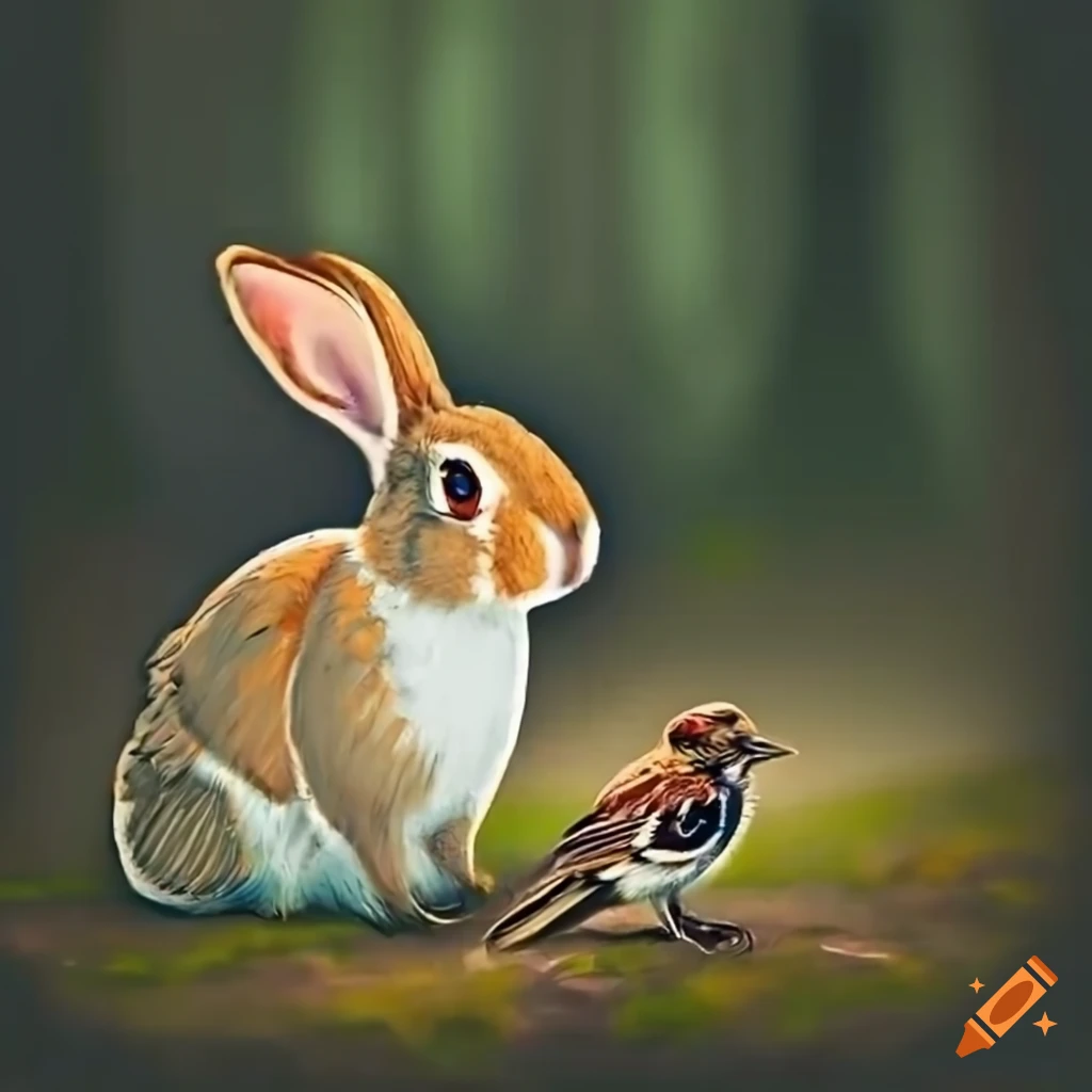 Rabbit and sparrow in a forest on Craiyon