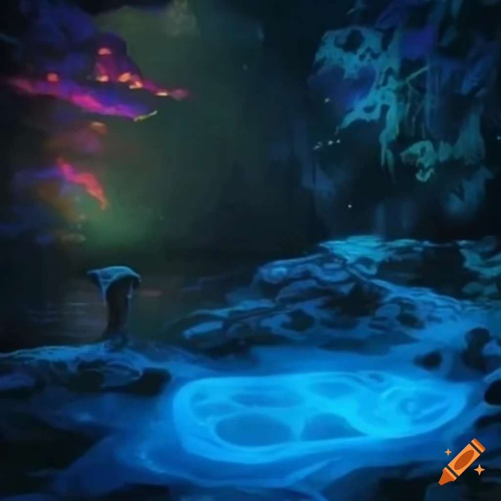 Bioluminescent mushrooms lighting up an underground hot spring