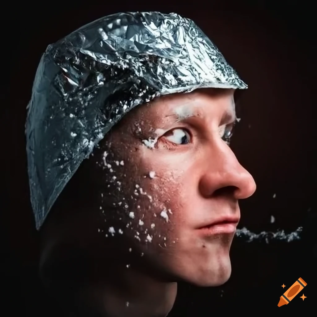 Man wearing tin foil hat with dilated pupils and snowy nose on Craiyon
