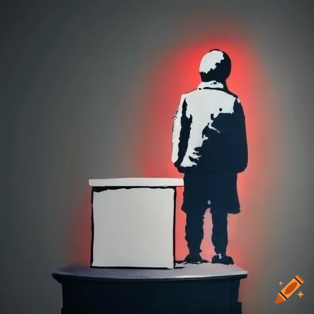 Banksy stencil of an empty suit and podium