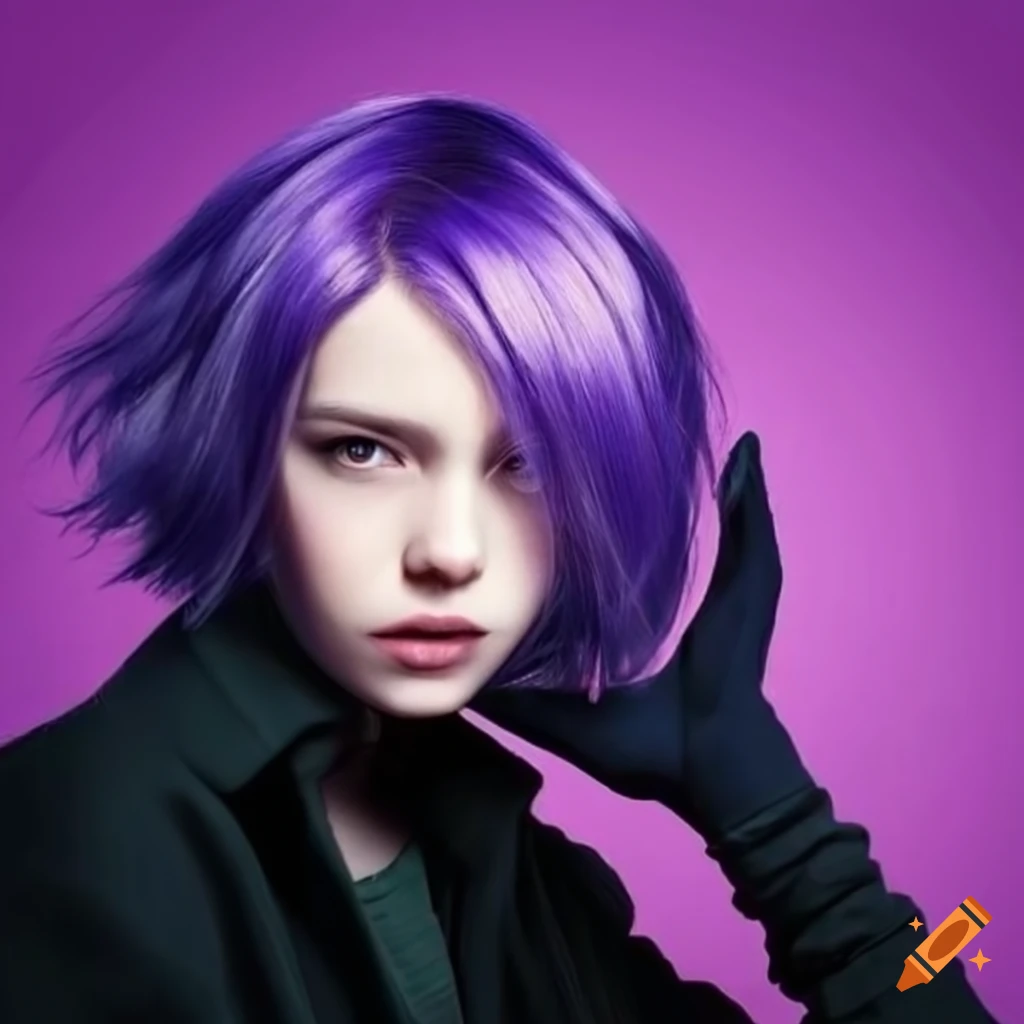 Woman with short purple hair and pale skin