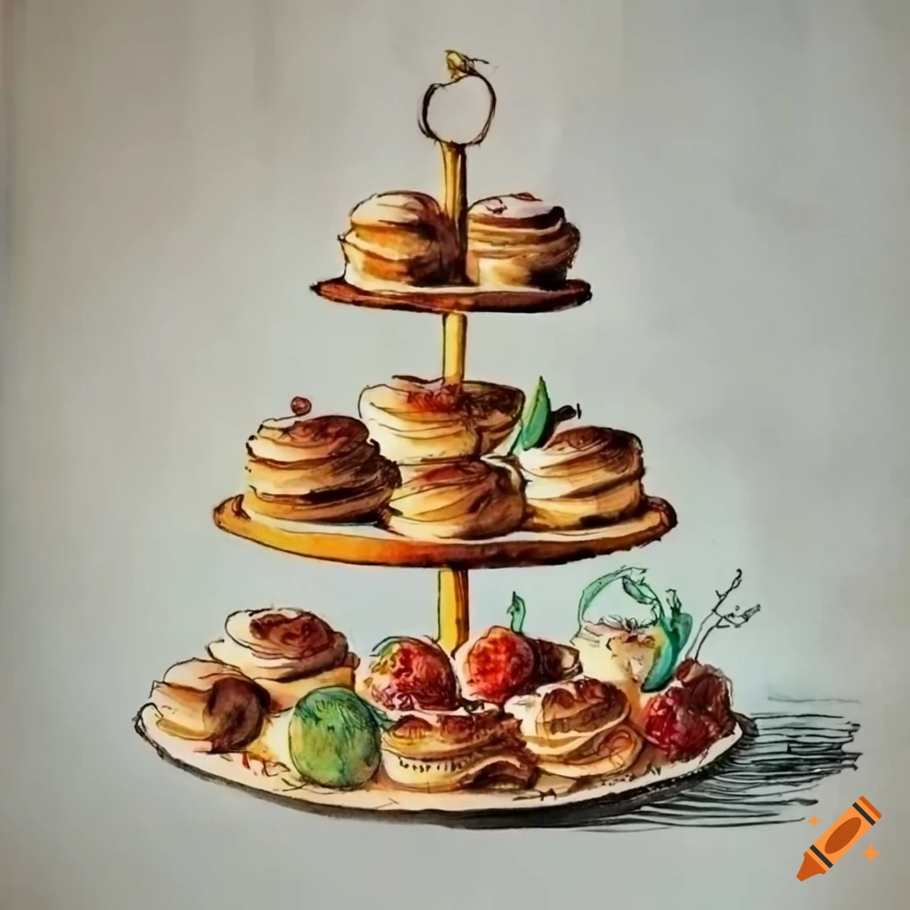 Pen and ink drawing of a platter of golden brown cupcakes topped with icing and fruit