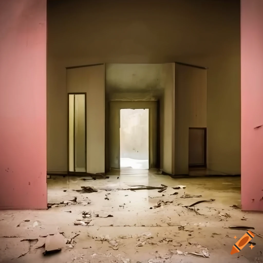 Abandoned modern office lobby flooded with black water and peeling pink ...