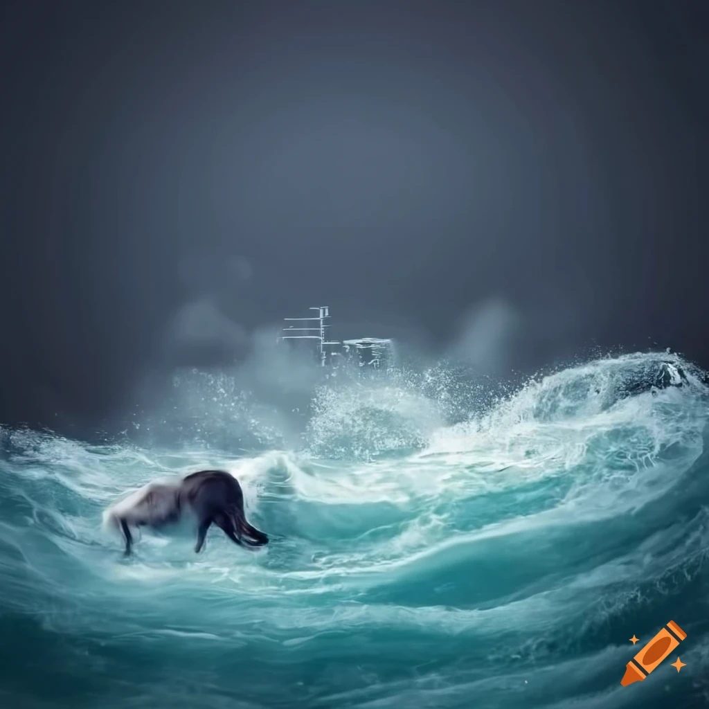 Pony in a whirlpool with city skyline in grey