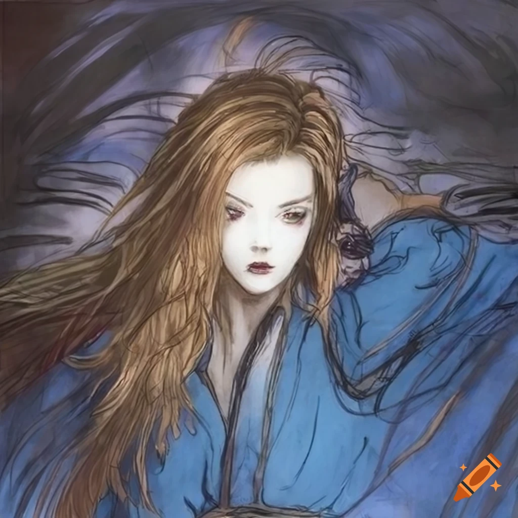 Beautiful woman in blue robe, Final Fantasy concept art by Yoshitaka Amano
