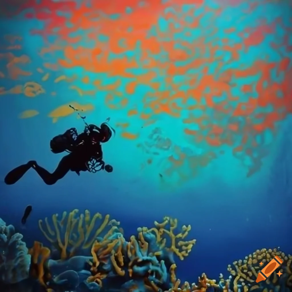 Silhouette of diver diving through tropical coral