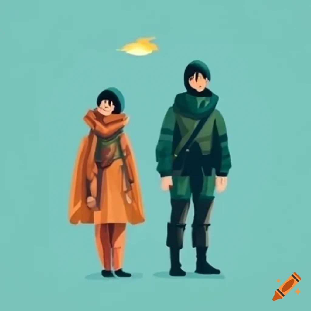 Two adventurers standing in a meadow at dusk with a serious look