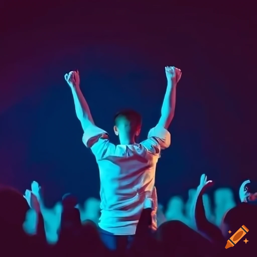 Successful male striking a pose after a product introduction on a crowded stage