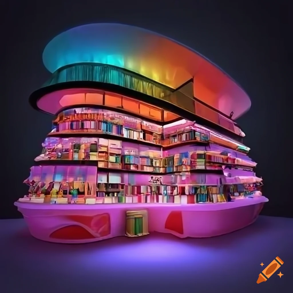 Colorful 3d library inside a futuristic glass candy house inspired by