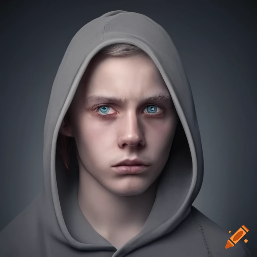 Young platinum blond man in gray sleeveless hoodie with long hair