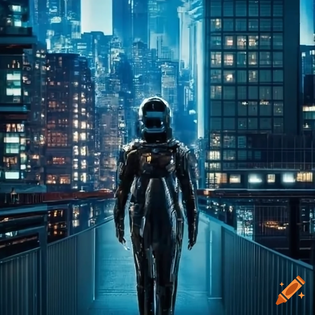 Futuristic man in a sci-fi suit overlooking a vast cityscape on Craiyon