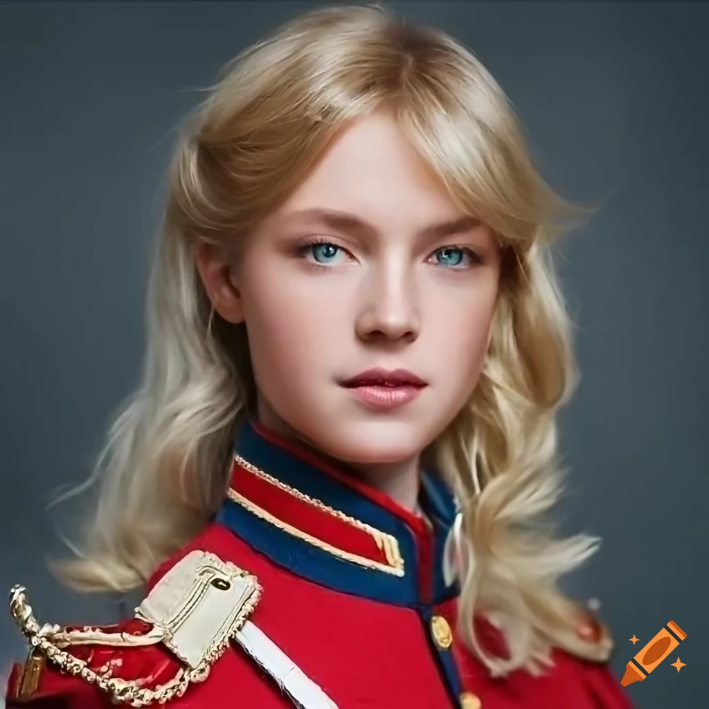 Victorian era young woman in red french military uniform with big light