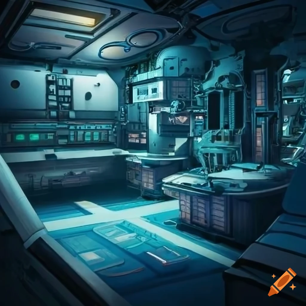 Themed medical bay with complex machinery inside a tropically space station