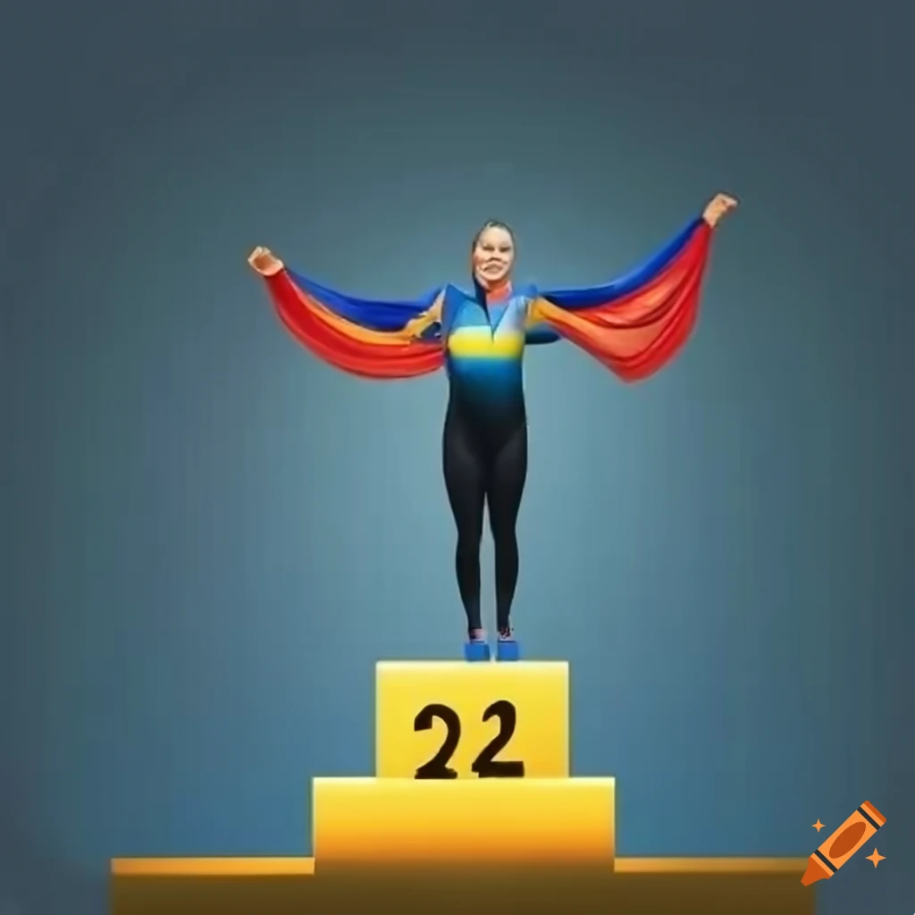 Person smiling on podium with a gold medal