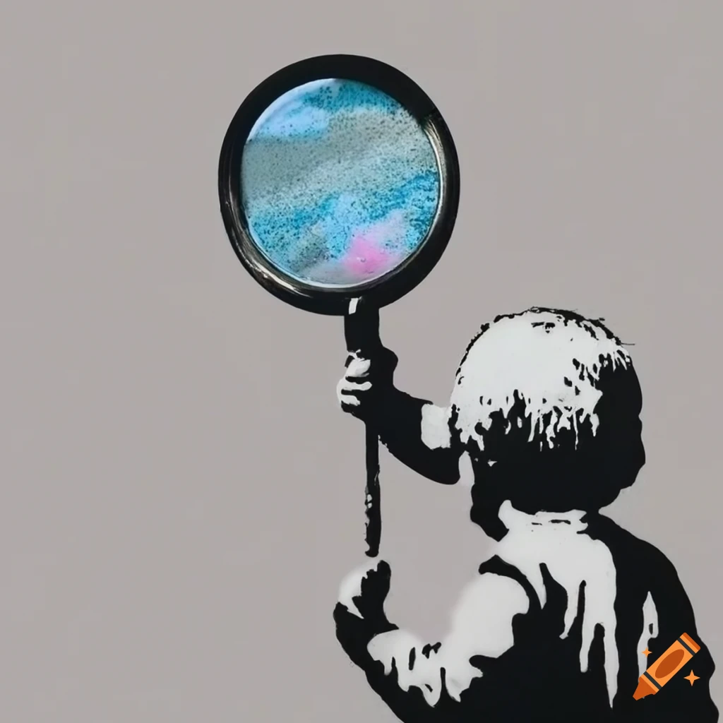 Banksy stencil of child looking through magnifying glass
