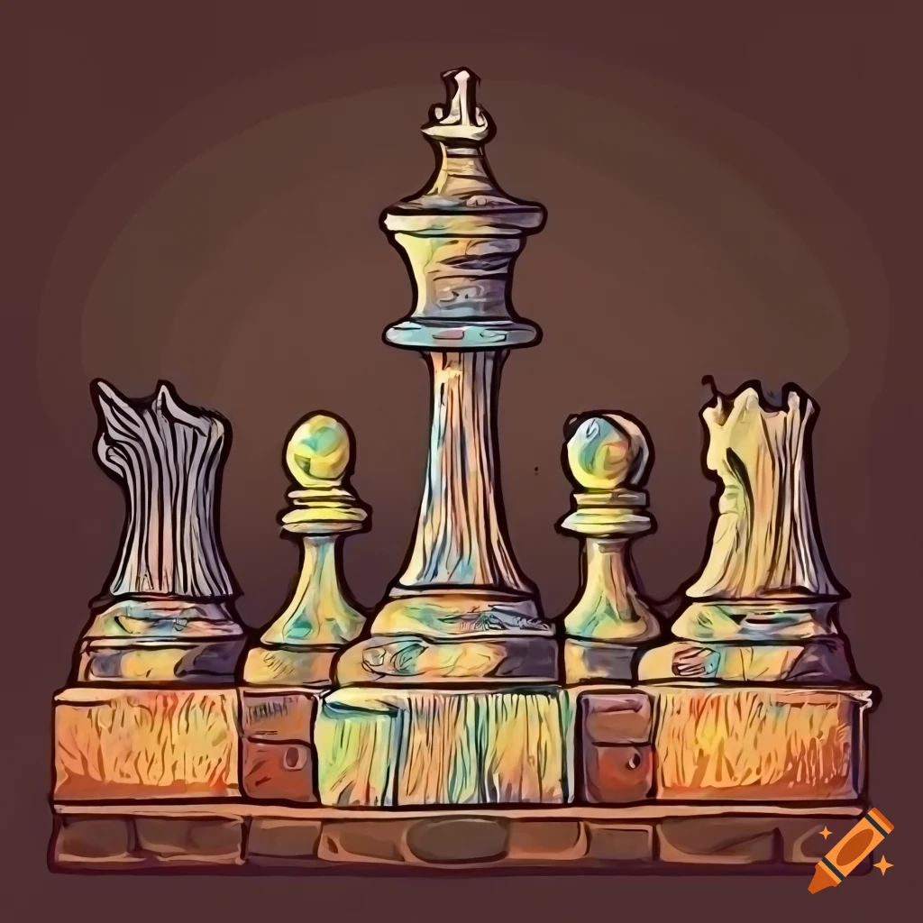 Whimsical dark chess set on dimly lit cobblestone table in Victorian-style boardroom