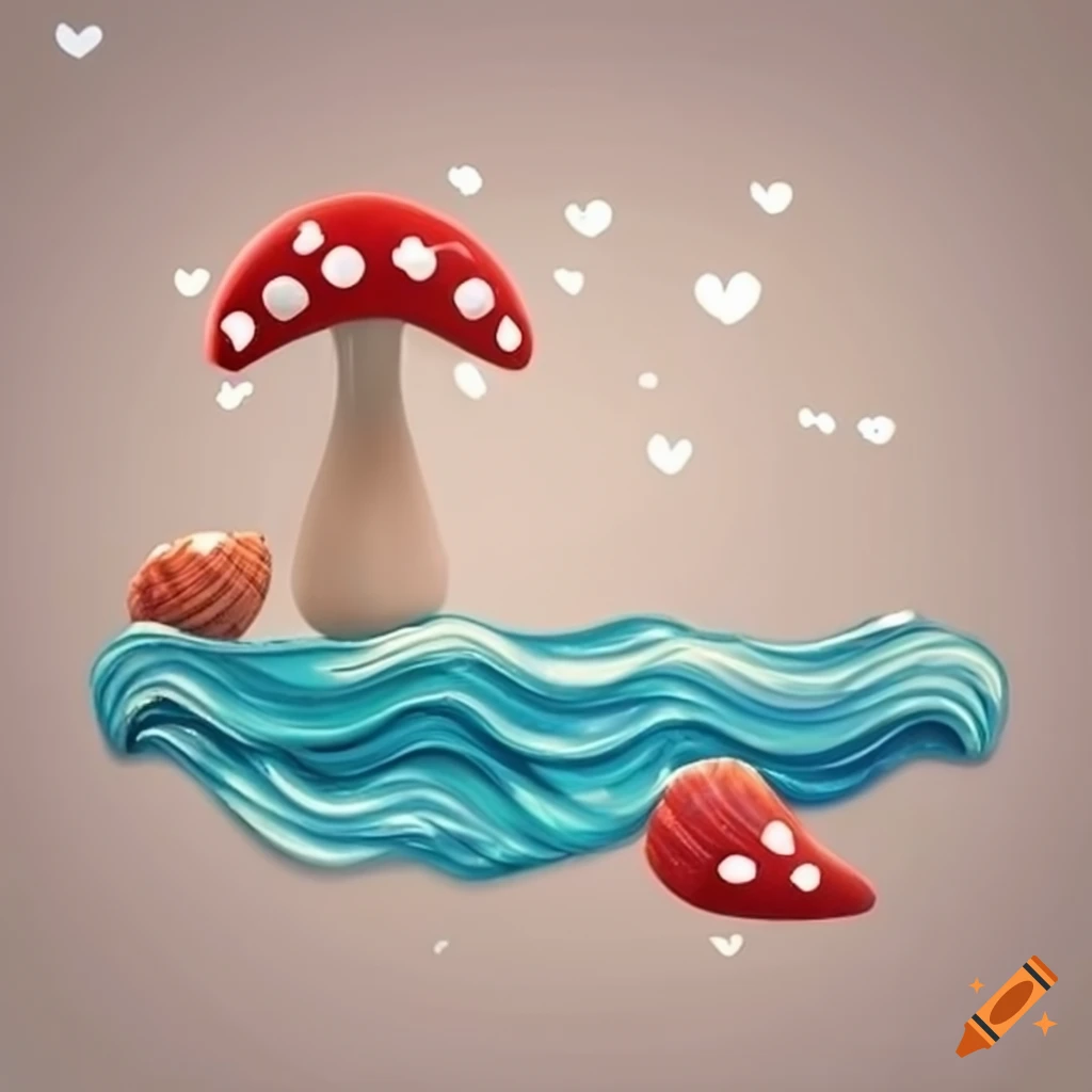 Ocean waves with seashells and white hearts along with a mushroom