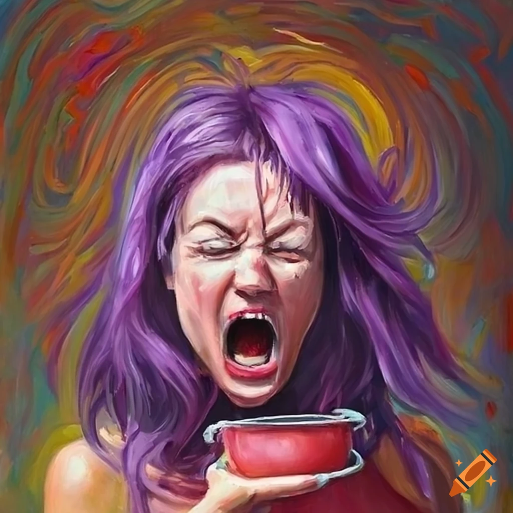 Woman with purple hair screaming at cans of tomato soup in an oil painting