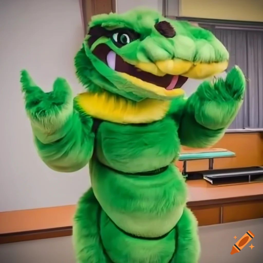 Female teacher in a green snake mascot costume at school