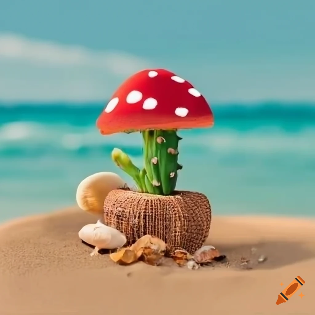 Cute cactus with mushroom cap hat on the beach with seashell
