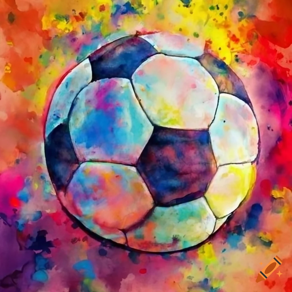 Vibrant watercolor painting of a soccer ball on Craiyon