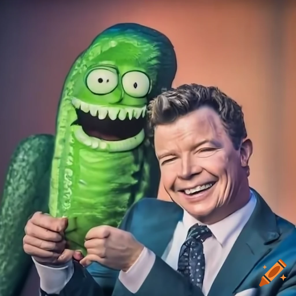 Rick astley and pickle rick shaking hands on Craiyon