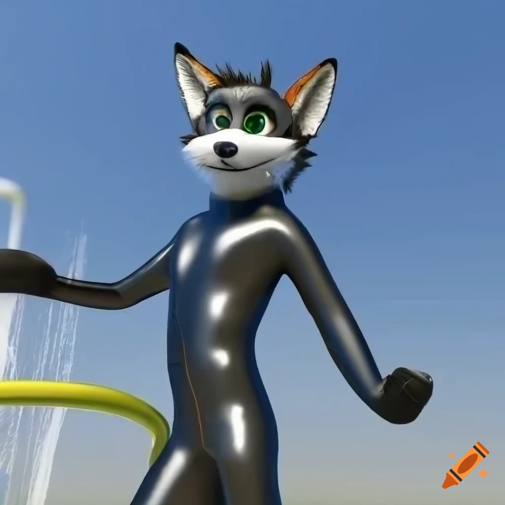 Anthro fox furry in black shiny wetsuit at spray park (3D render)